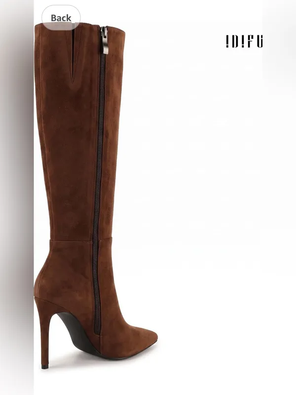 Chocolate Knee High Pointed Toe Stiletto Heel Tall Sexy Faux Suede Boots IDIFU - Image 4