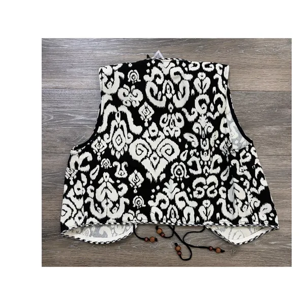 Zara Black White Boho Vest Small Ikat Pattern Tie Waist Statement Layer Festival - Image 2