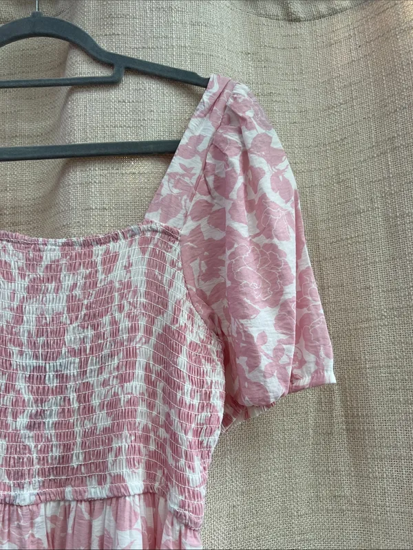 Soft Pink Floral Smocked Midi Dress Puff Sleeves Last One Size Medium - Image 6