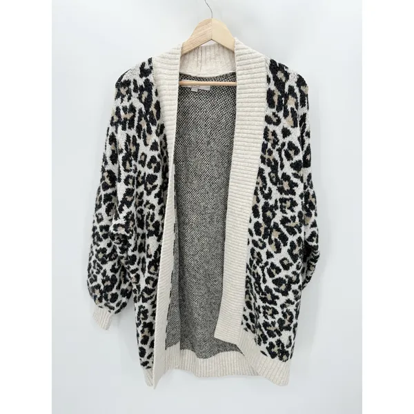 LOFT Leopard‎ Print Cardigan Sweater S Cream Open Front Cozy Knit Preppy Chunky - Image 2