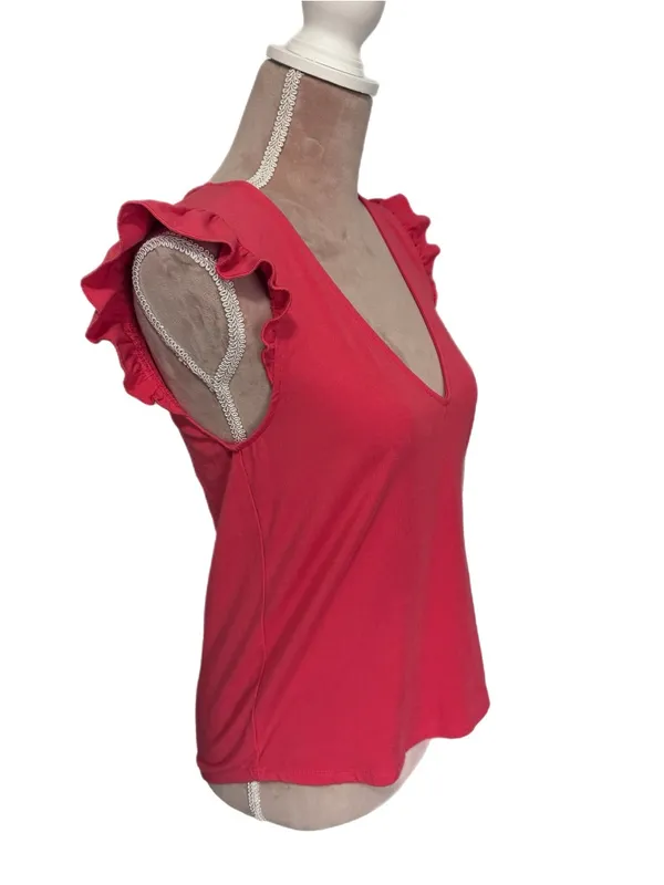 EVEREVE Pink Ruffle Sleeve V-Neck Top Womens Size Small Stretchy Knit Blouse - Image 7