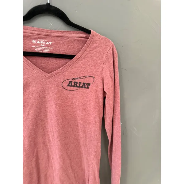 Ariat Womens Small Pink V-Neck Long Sleeve Graphic Tee Cowgirl Rodeo Lasso Shirt - Image 3