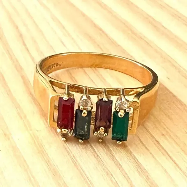 18K GER Multicolor Baguette Ring Gold Tone Rainbow Stone Band - Image 5