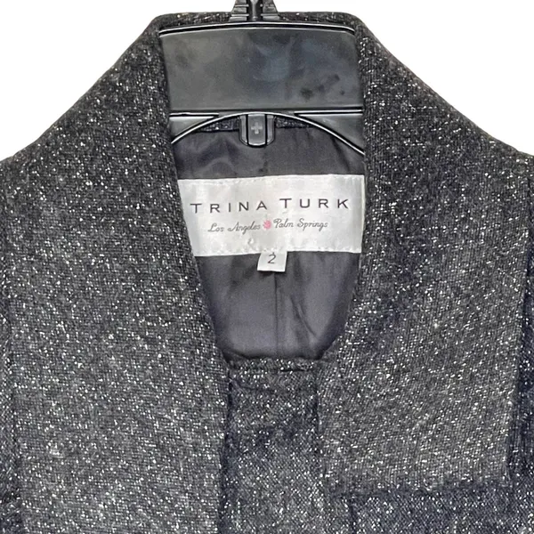 Trina‎ Turk Inner Button SS Jacket Size 2 Gray With White Fleck Womens Wool Silk - Image 2