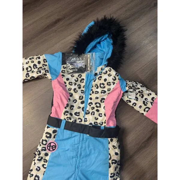 Tipsy Elves Ski Snow Suit Women's Size XS Snow Leopard Pink Blue Faux Fur Read - Image 4