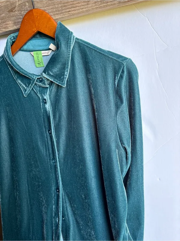 Soft Surroundings Teal Velvet Long Sleeve Button Down Tunic PETITE - Image 6