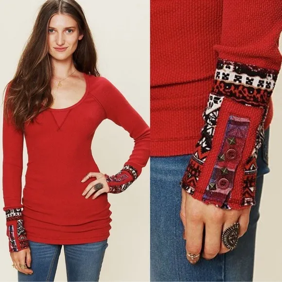 Free People Waffle Knit Henley Studded Cuff Red Long Sleeve Shirt Medium - Image 2