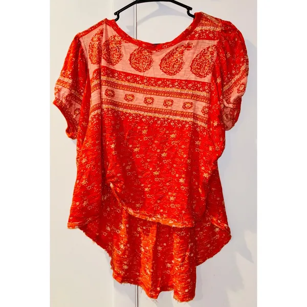FREE PEOPLE Fruit Punch Combo Orange Paisley Boho Puff Sleeve Oversized Top S - Image 3