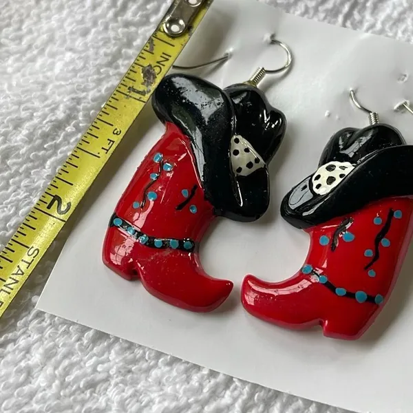 Cowboy boots hats dangle resin earrings hand painted. - Image 4