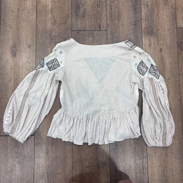 FREE PEOPLE Aria Embroidered Top Babydoll Peasant Balloon Sleeve Natural Linen S - Image 7