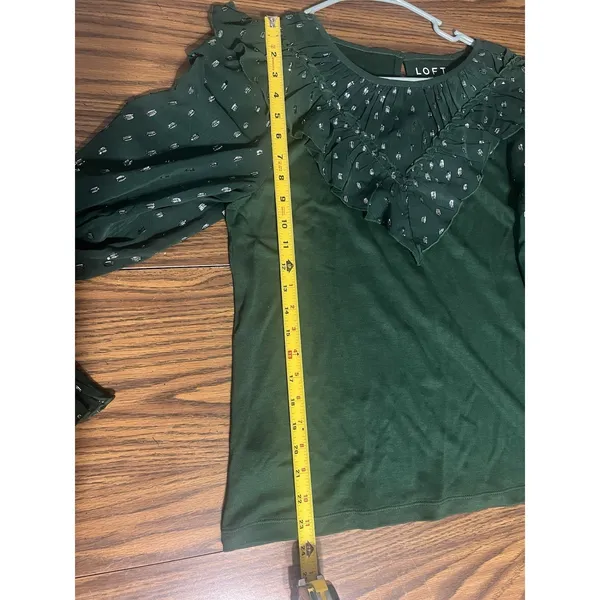 Loft Blouse Womens L Large Green Silver Shimmer Dotted Ruffle Yoke Mixed Media - Image 7