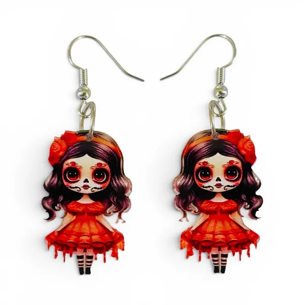 Boutique New Day of the Dead Sugar Skull Doll Acrylic Dangle Earrings - Image 2