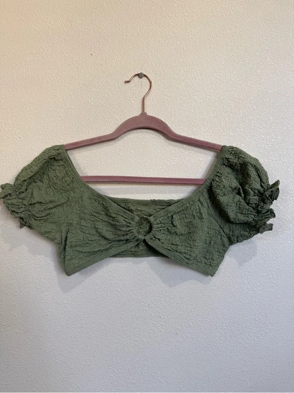 SheIn Sage Green Textured Two Piece Beach Set Wrap Skirt Puff Sleeve Top - Image 6