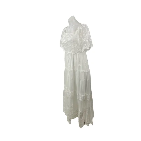 Womens White Embroidered Sheer Mesh Tiered Half Sleeve A Line Maxi Dress Size S - Image 2