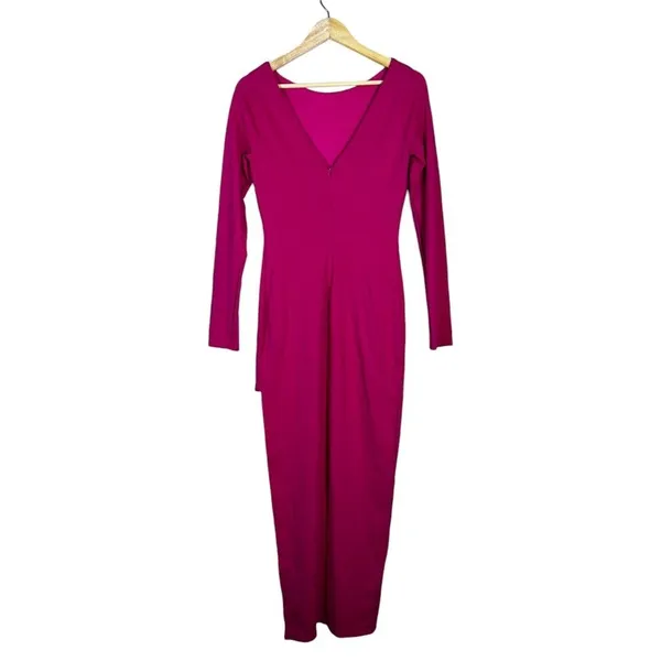 Lulus Solid Long Sleeve Maxi Dress Magenta Barbiecore Side Slit Size M - Image 5
