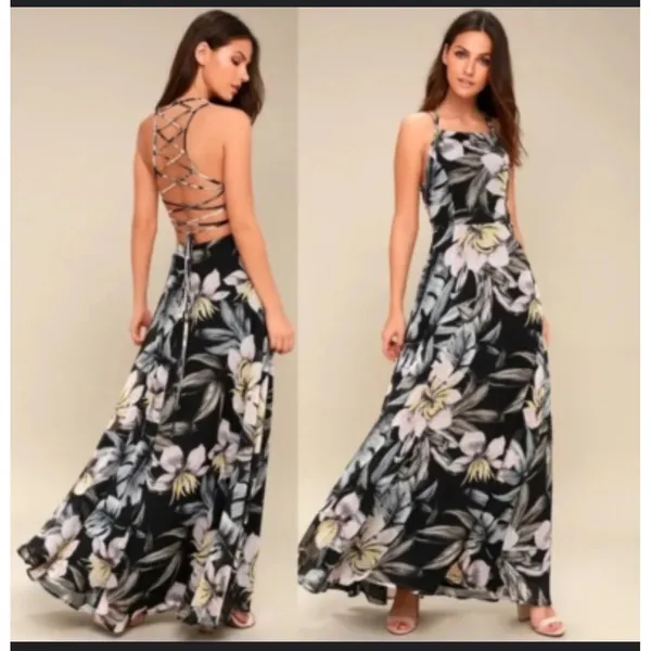 Lulus‎ love abloom Black Floral Print Maxi Dress Spaghetti Strap Lace Up Back M - Image 2