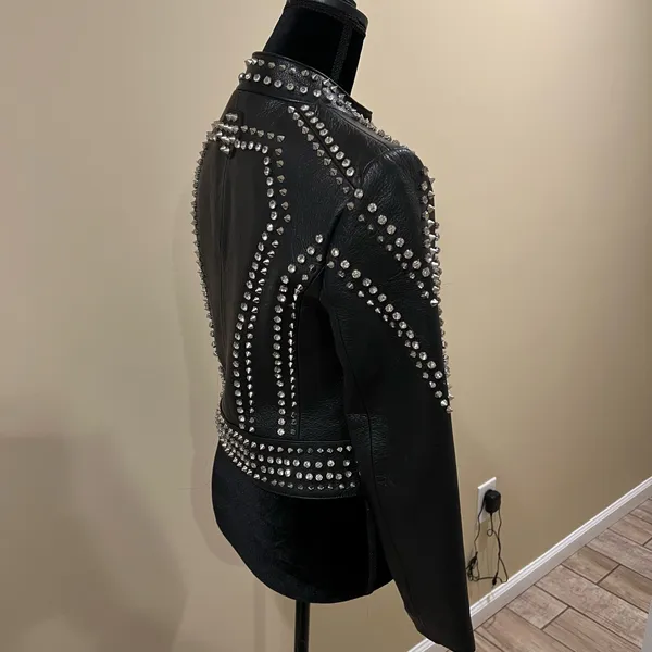 Genuine Leather Studded Crop Jacket Coat Blazer Cardigan Parka Slim Rhinestones - Image 6
