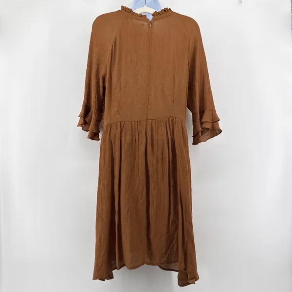 MOON RIVER Crochet Lace Bodice‎ Mini Dress Large Brown Crinkle Ruffle Boho Shift - Image 7
