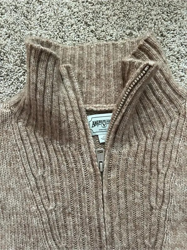 American Eagle Outfitters Cropped Half-Zip Ribbed Mock Neck Sweater - Taupe - Image 3
