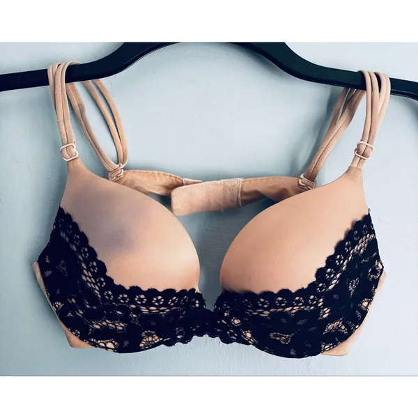 Victoria's Secret Push Up Bra 32A Cream/Pink Black Lace Padded Plunge - Image 9