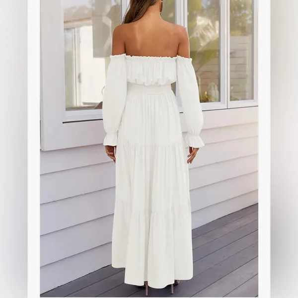 NEW Off Shoulder Long Sleeve Smocked Side Split Flowy Lined Tiered Maxi Dress M - Image 3