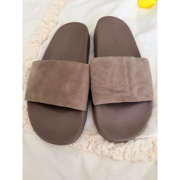 AllSaints Karli Suede Slides Brown Taupe Perforated Logo Sandals ZW0187 Size 8 - Image 4