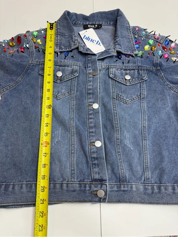 Blue B Collection Denim Jacket with Colorful Rhinestones and Spikes, Size M - Image 10
