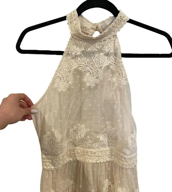 Champagne & Strawberry Tiered Maxi Dress With Crochet Trim & Floral Appliqué - Image 3