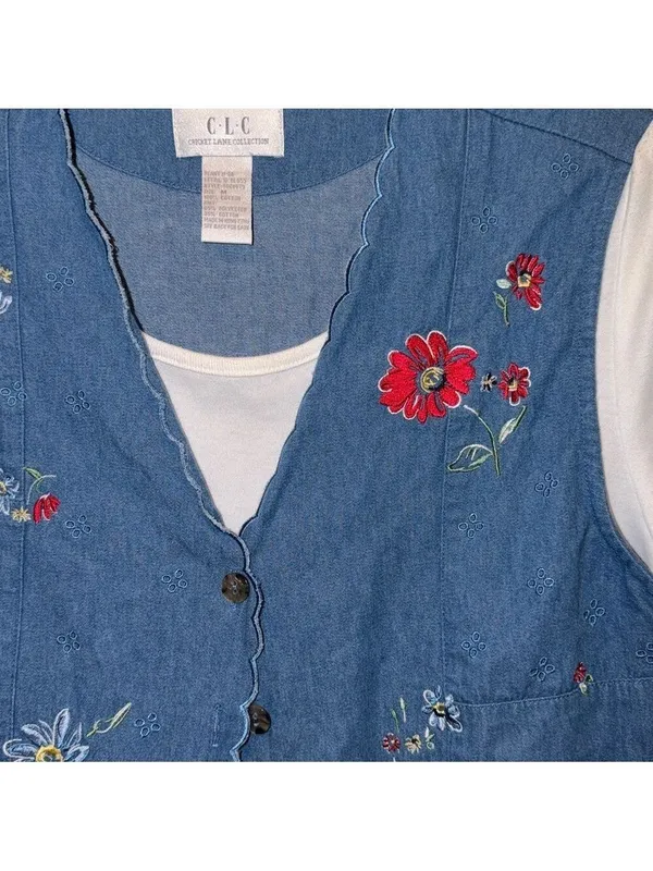 Vintage embroidered floral denim vest with attached shirt cottagecore grandma - Image 3