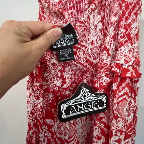Angie Red White Floral Halter Dress M Smocked‎ Bodice Summer Boho Sundress Sz M - Image 6