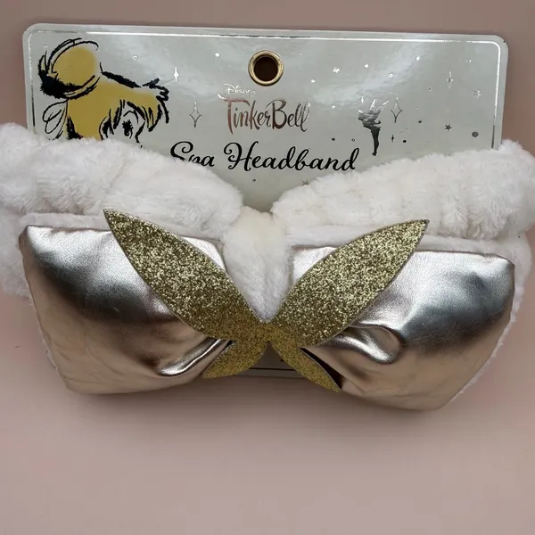 Disney Tinker Bell Spa Headband‎ White Plush Gold Glitter Bow Taste Beauty - Image 6