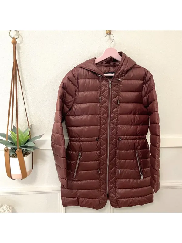 Kenneth Cole Puffer Quilted Anorak Jacket Coat Red M Mid Length Winter Cabin - Image 2