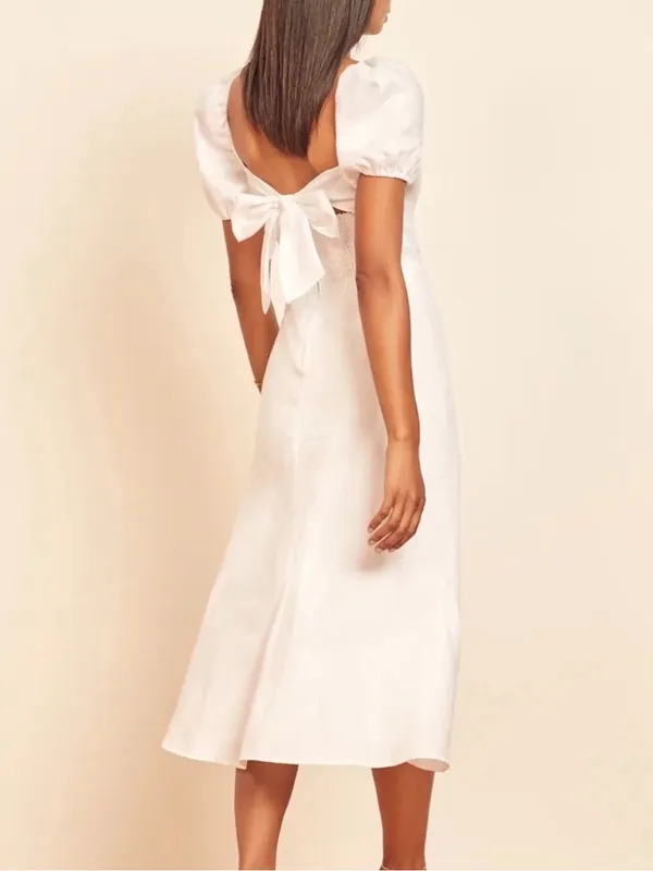Reformation Denver White Linen Open Back Puff Sleeve Romantic Midi Dress Size 0 - Image 3