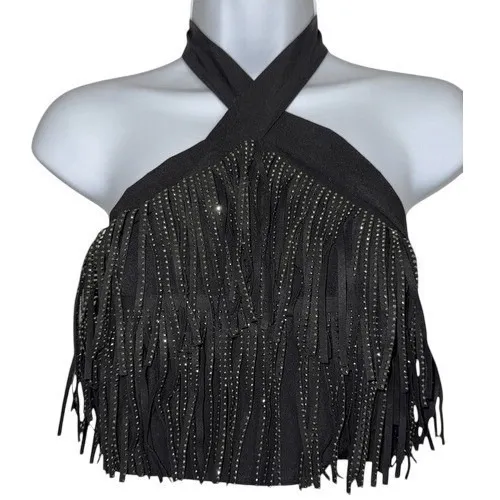 EFFORDRAM Black Faux Suede‎ Front With Rhinestones Halter Top NWOT Size Medium - Image 2