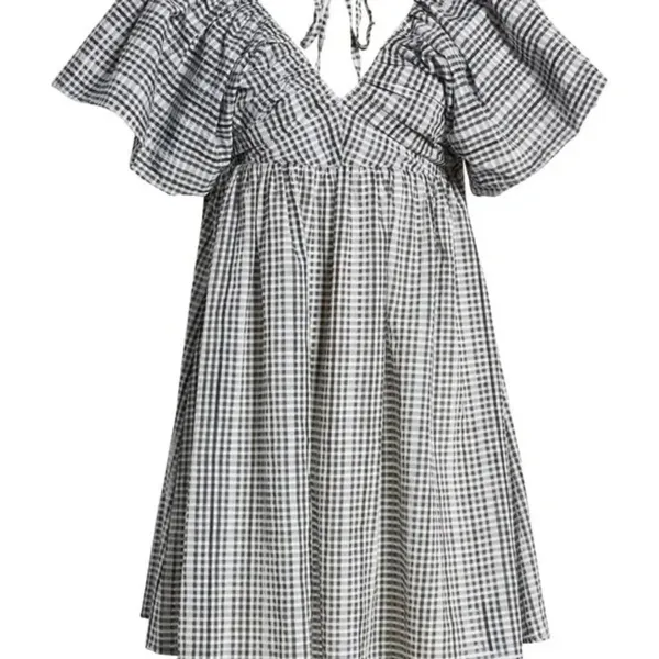 Moon River Afternoon Sunshine Multi Plaid Puff Sleeve Mini Dress - Image 8