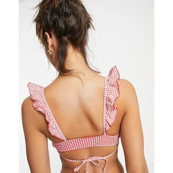NWOT Aerie Red Gingham Ruffle Wrap Scoop Preppy Beach Summer Bikini Top M - Image 2