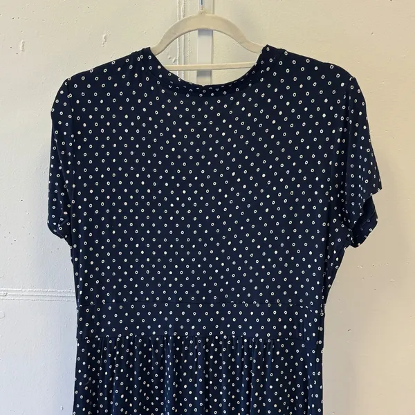 L.L. Bean Navy Polka Dot Faux Wrap Midi Dress Empire Waist 504854 M Reg - Image 5