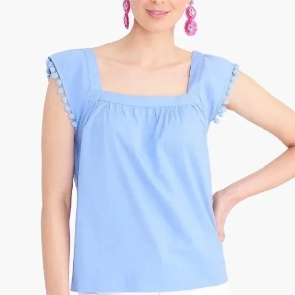 J.Crew‎ Blue Pom Pom Top Square Neck Sleeveless Blouse Size 00 - Image 2