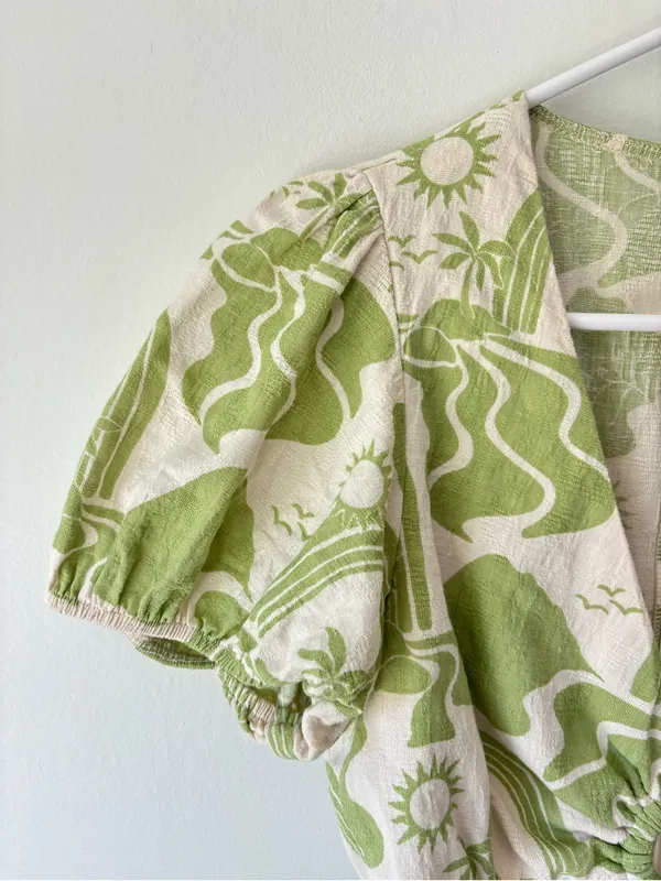 Show Me Your Mumu Jessa Mini Dress Green White Tropical Pattern Linen Blend - Image 6