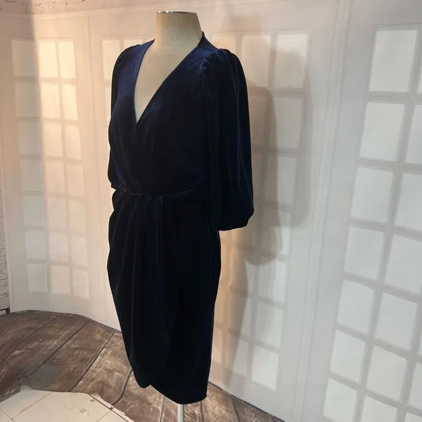 Lucy Paris Blue Velvet Puff Sleeve Surplice Neck Pleated True Wrap Dress Size XS - Image 4