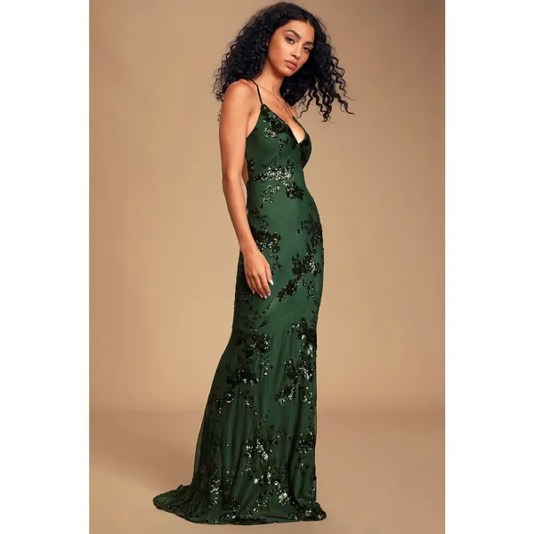 NWT Lulus Valhalla Forest Green Sequin Lace-Up Maxi Dress Glam Holiday Size M - Image 3