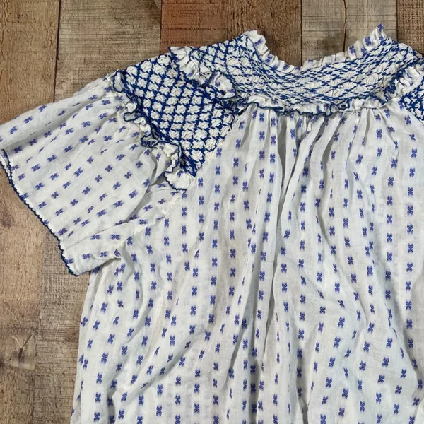 Pilcro Anthropologie Large Blue White Smocked Yoke Tassel Cotton Peasant Blouse - Image 7