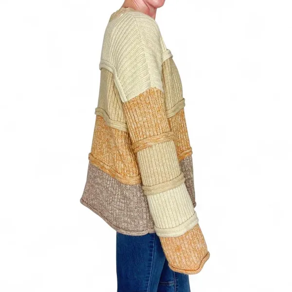 Entro Beige Brown Tan Striped Patchwork Flared Sleeve Sweater - Image 5