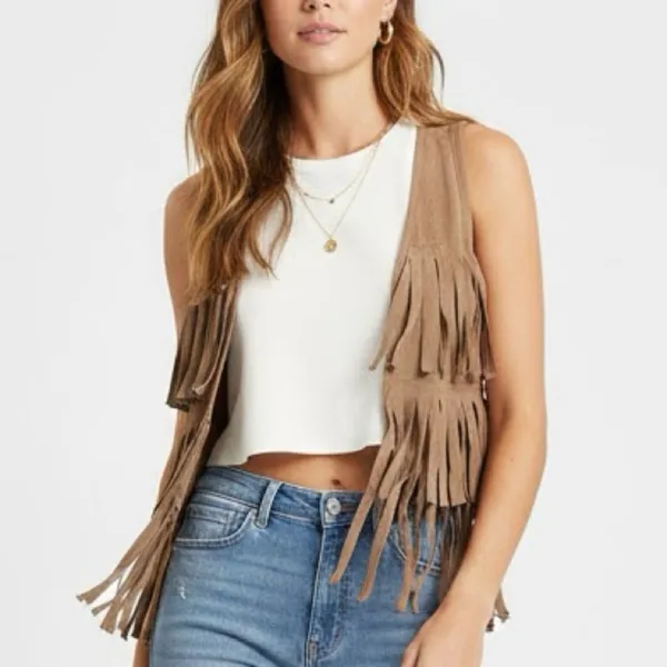 CLK Tan Fringed Western Vest BOHO Festival BOHEMIAN Cowgirl XSmall - Small NEW - Image 2