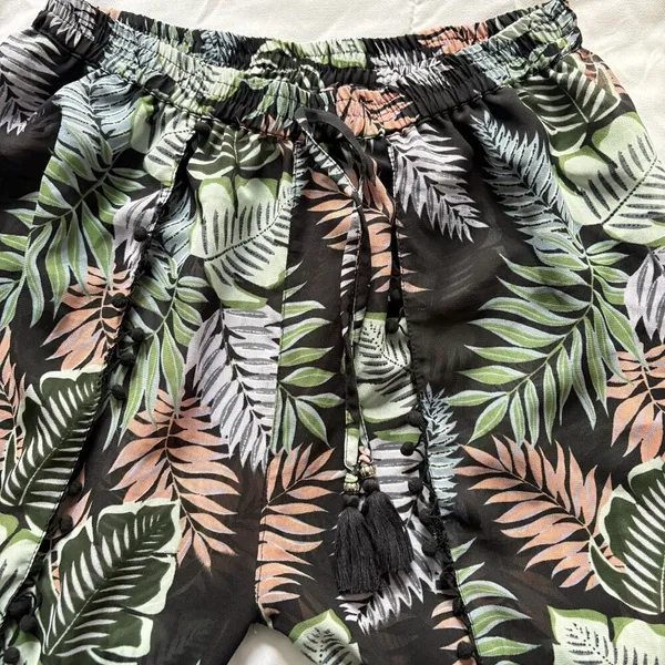 Womens Wide Leg Floral‎ Tropical Beach Summer Cover Up Flowy Drawstring Green - Image 5