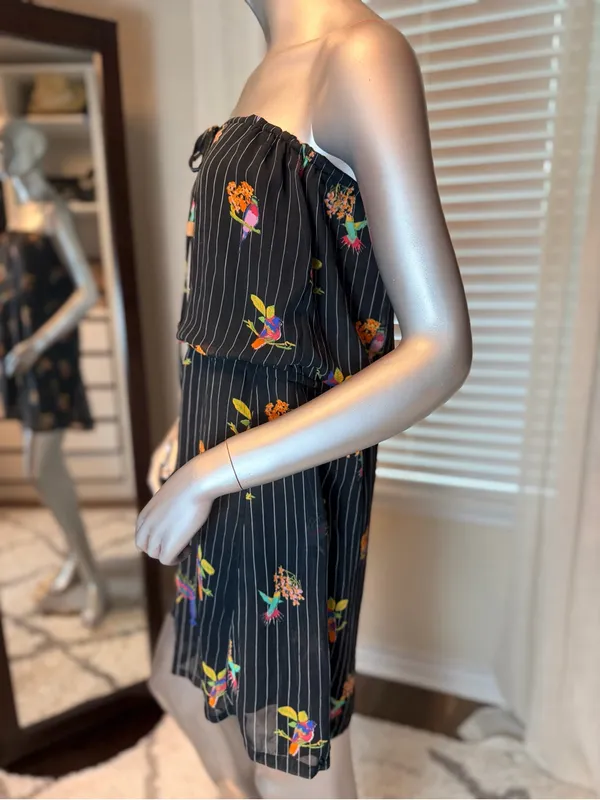 O'Neill Medium Strapless Tropical Bird Print Dress Black Pinstripe Boho Summer - Image 5