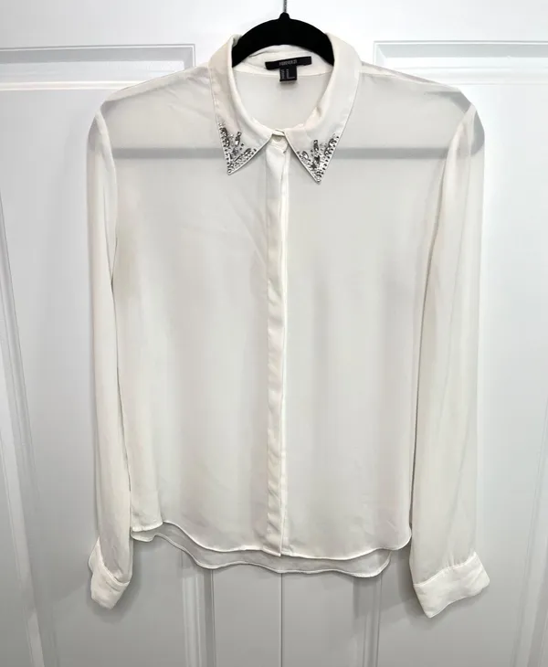 White Jewel Collar Long Sleeve Button Down Blouse - Image 12