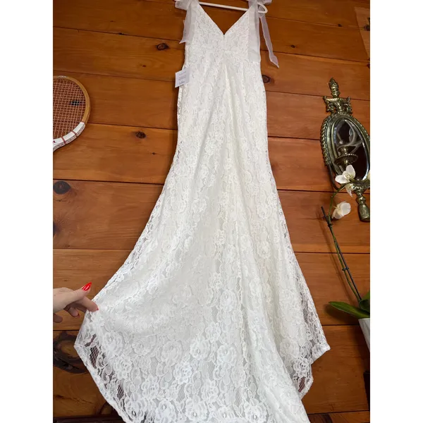 NWT Lulus Eternally Yours White Lace Tie-Strap Mermaid Maxi Dress Bridal Bride S - Image 9