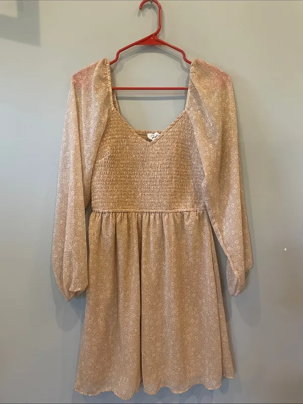 Beige Floral Long-Sleeve Smocked Waist Dress - Image 4