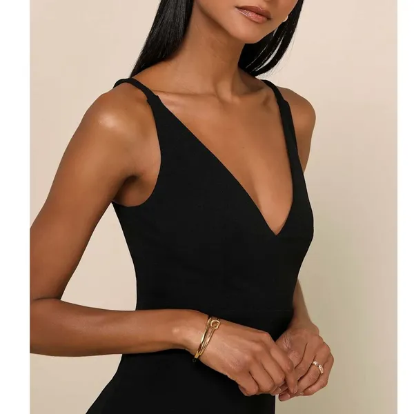 NEW Lulus Melora Black Crepe Bodycon Mermaid Sleeveless Flared Maxi Dress Medium - Image 2